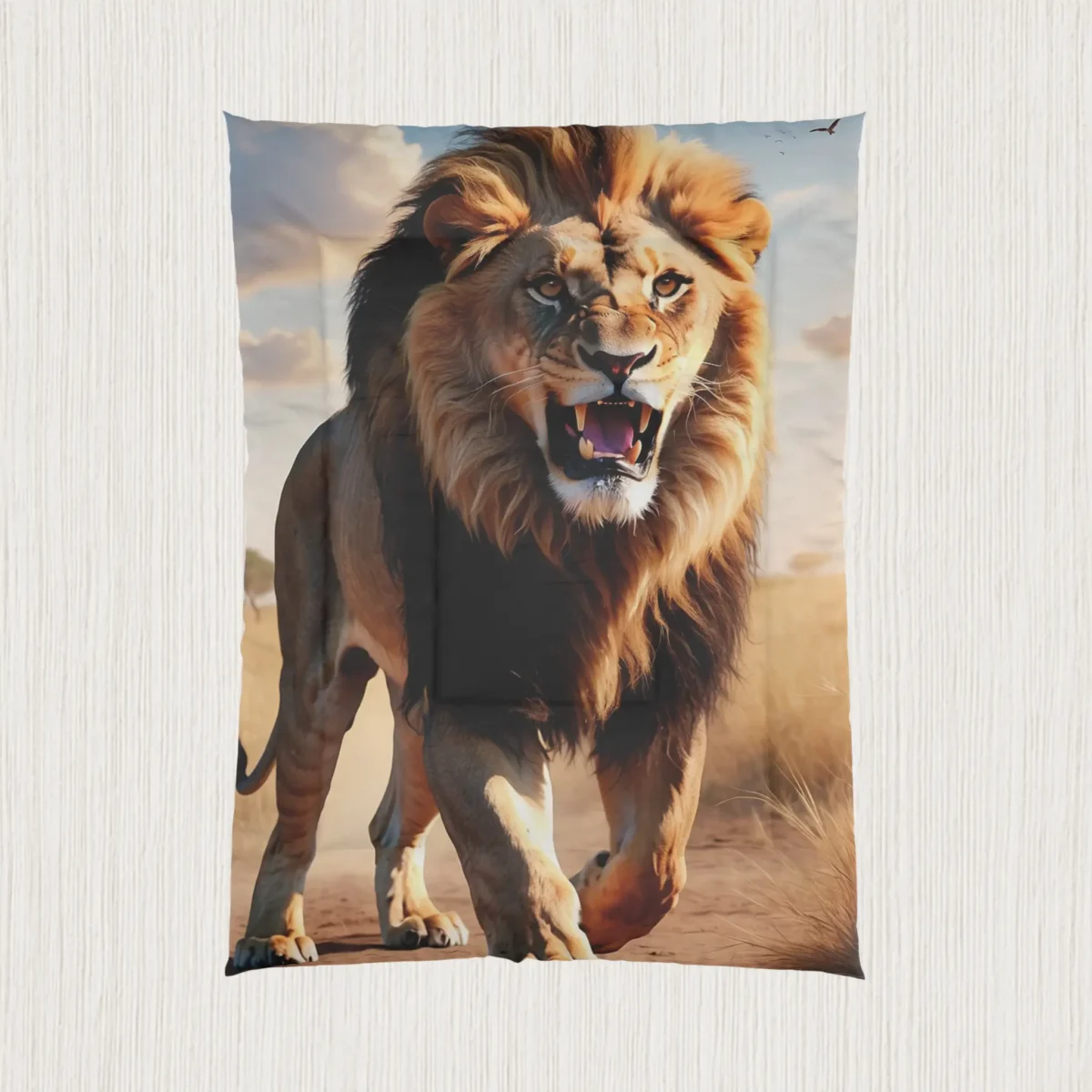 Flat view of a comforter featuring a roaring lion walking in a savanna landscape
