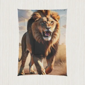 Flat view of a comforter featuring a roaring lion walking in a savanna landscape