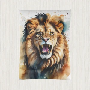 Flat view of a comforter with a roaring lion in expressive watercolor style