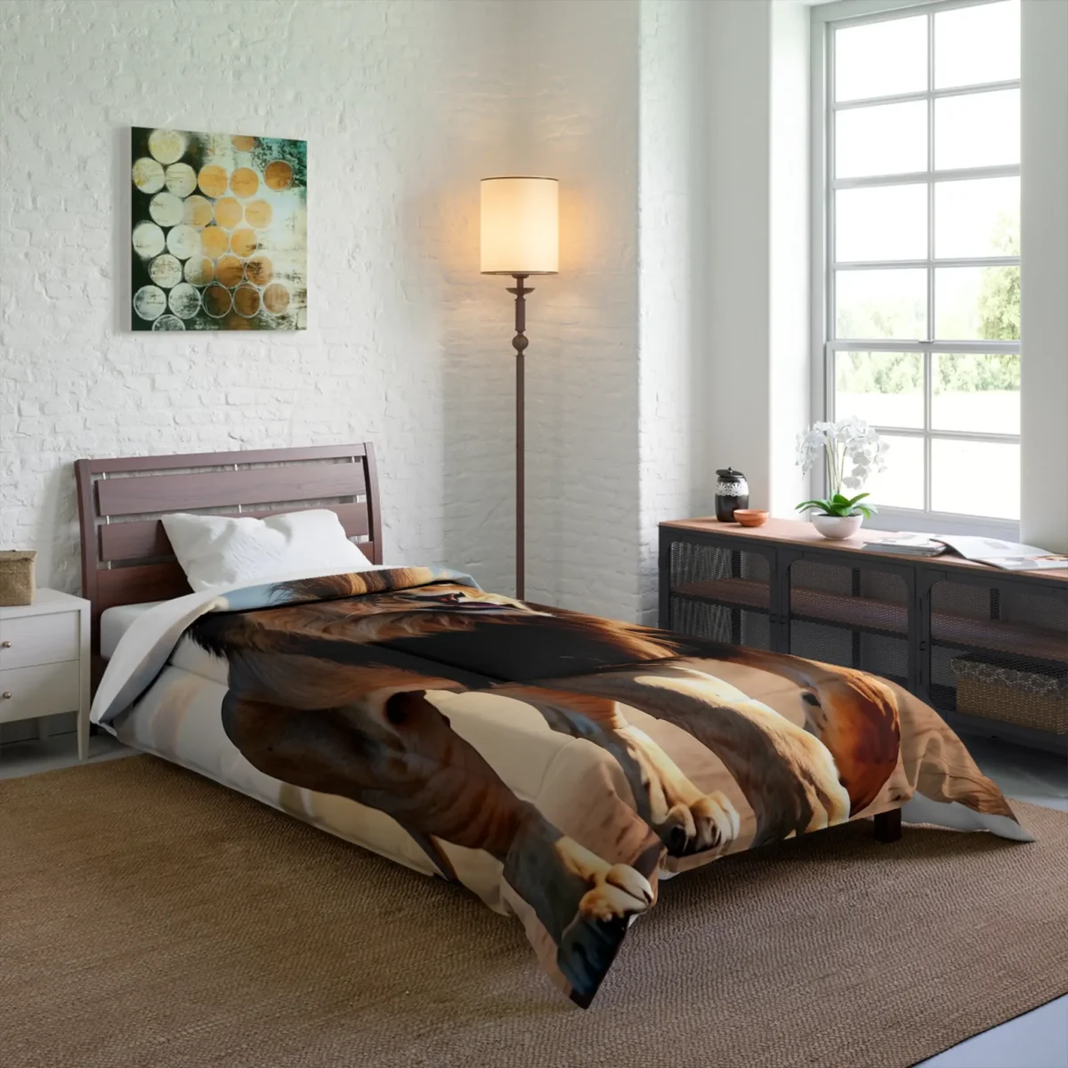 Comforter with a realistic roaring lion design on a bed in a modern room