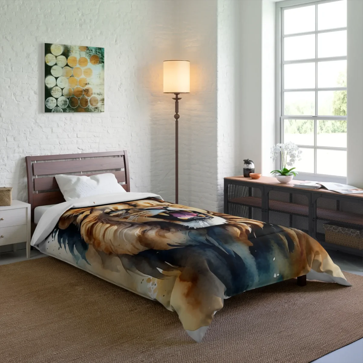 Comforter with a roaring lion watercolor illustration on a bed in a modern bedroom