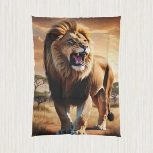 Flat view of a comforter with a roaring lion standing in the savanna at sunset