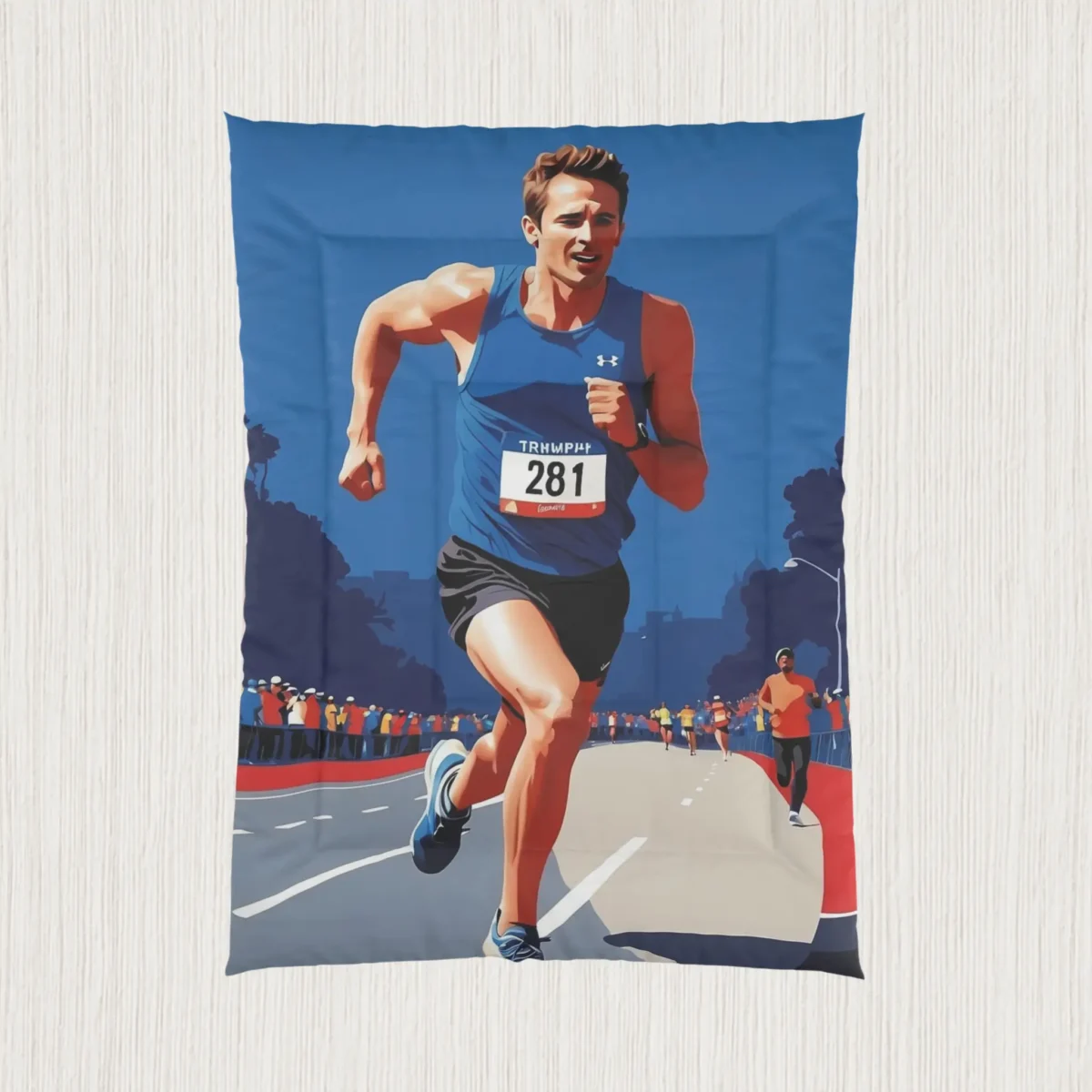Flat view of a comforter featuring a marathon runner with number bib 281 in a city race