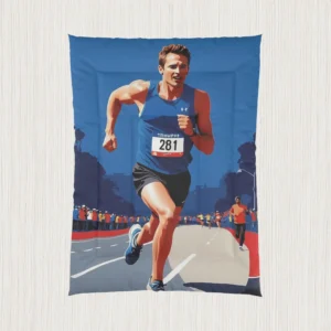 Flat view of a comforter featuring a marathon runner with number bib 281 in a city race