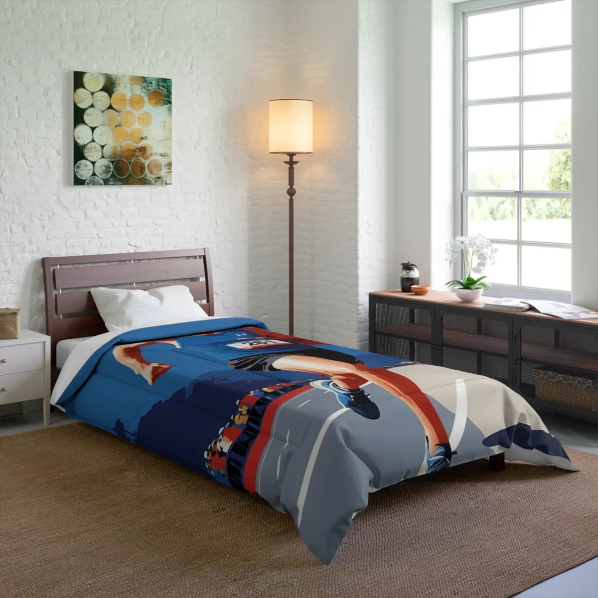 Comforter with a marathon runner design on a bed in a modern bedroom