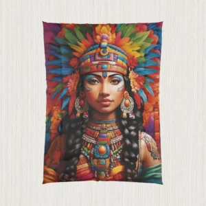 Flat-lay of comforter with Maya queen artwork and multicolored feather headdress