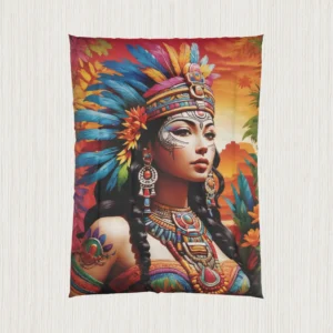 Flat-lay of comforter with vibrant Maya queen artwork and tribal elements