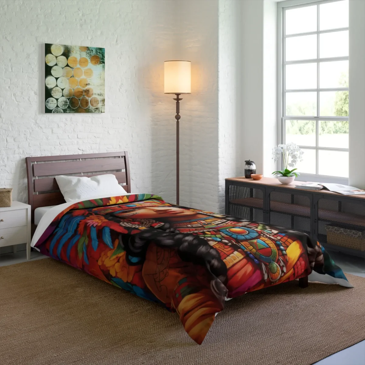 Comforter with detailed Maya queen design in vibrant tribal colors on bed