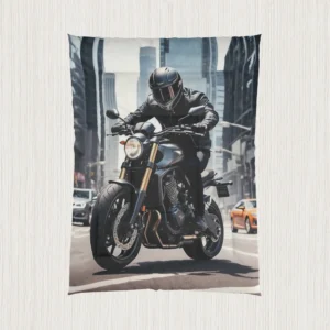 Flat-lay of comforter with high-detail motorcycle rider in city environment