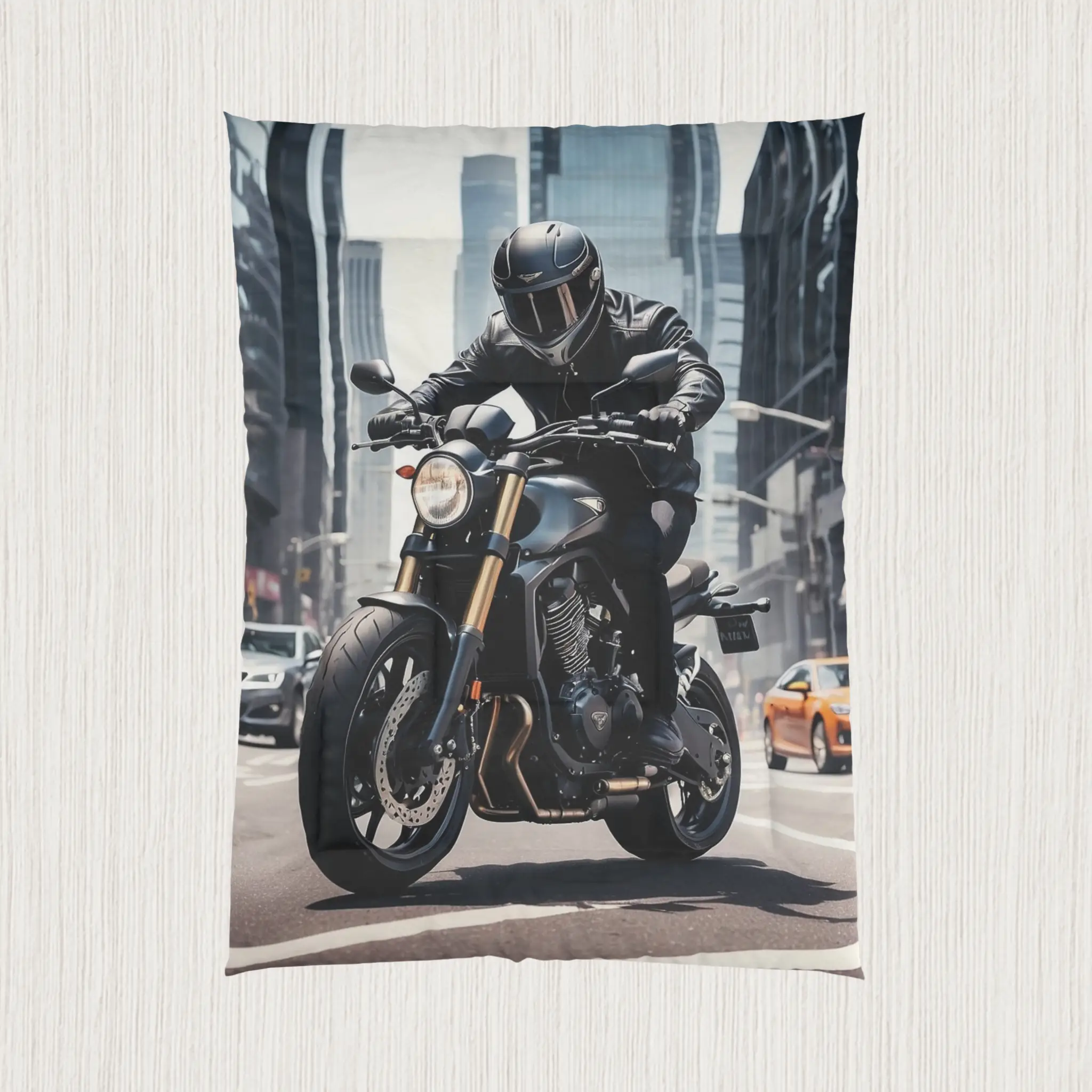 Motorcycle driver comforter flat view with urban backdrop Flat-lay of comforter with high-detail motorcycle rider in city environment