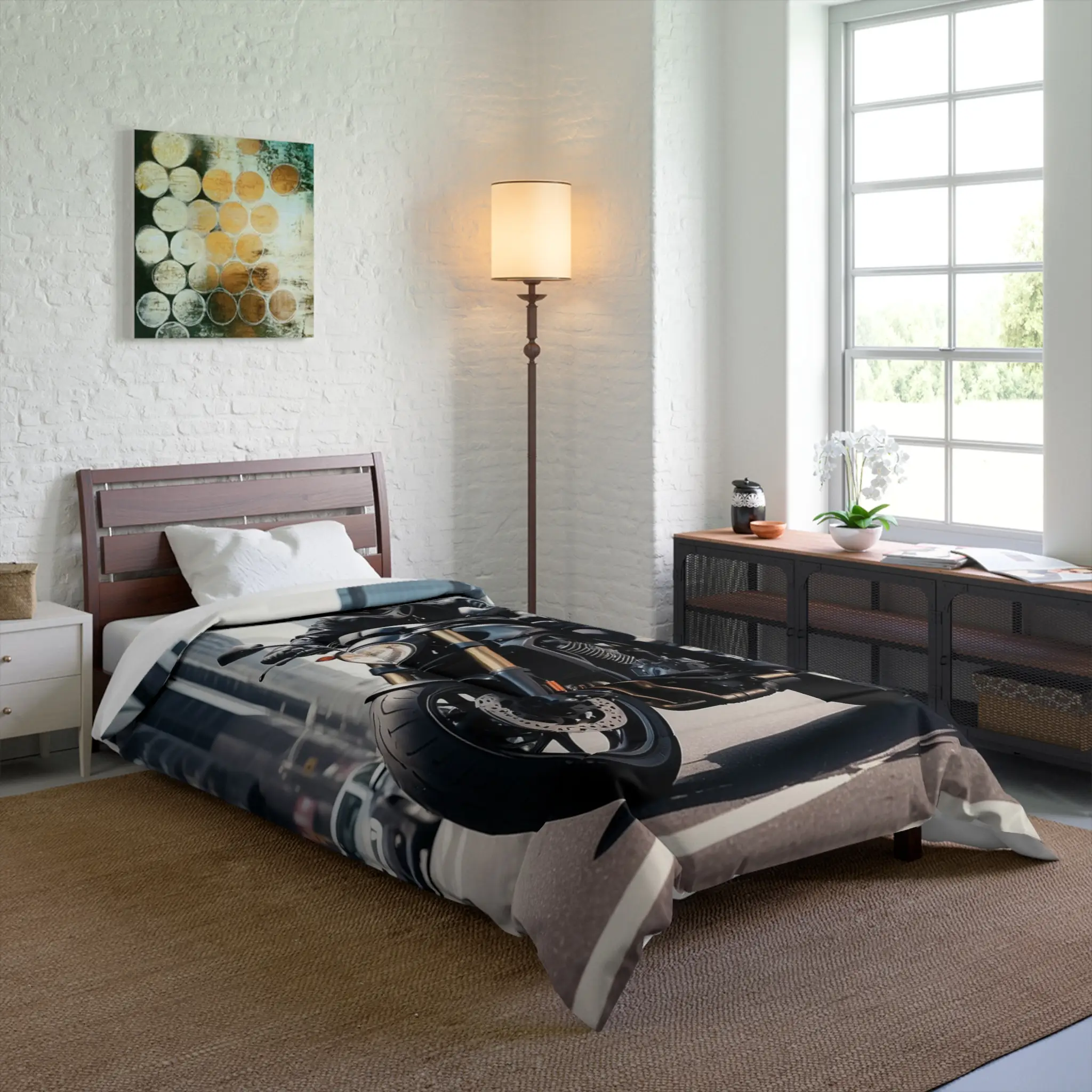 Motorcycle driver comforter with modern city background Comforter with realistic motorcycle driver design in urban setting, displayed on bed