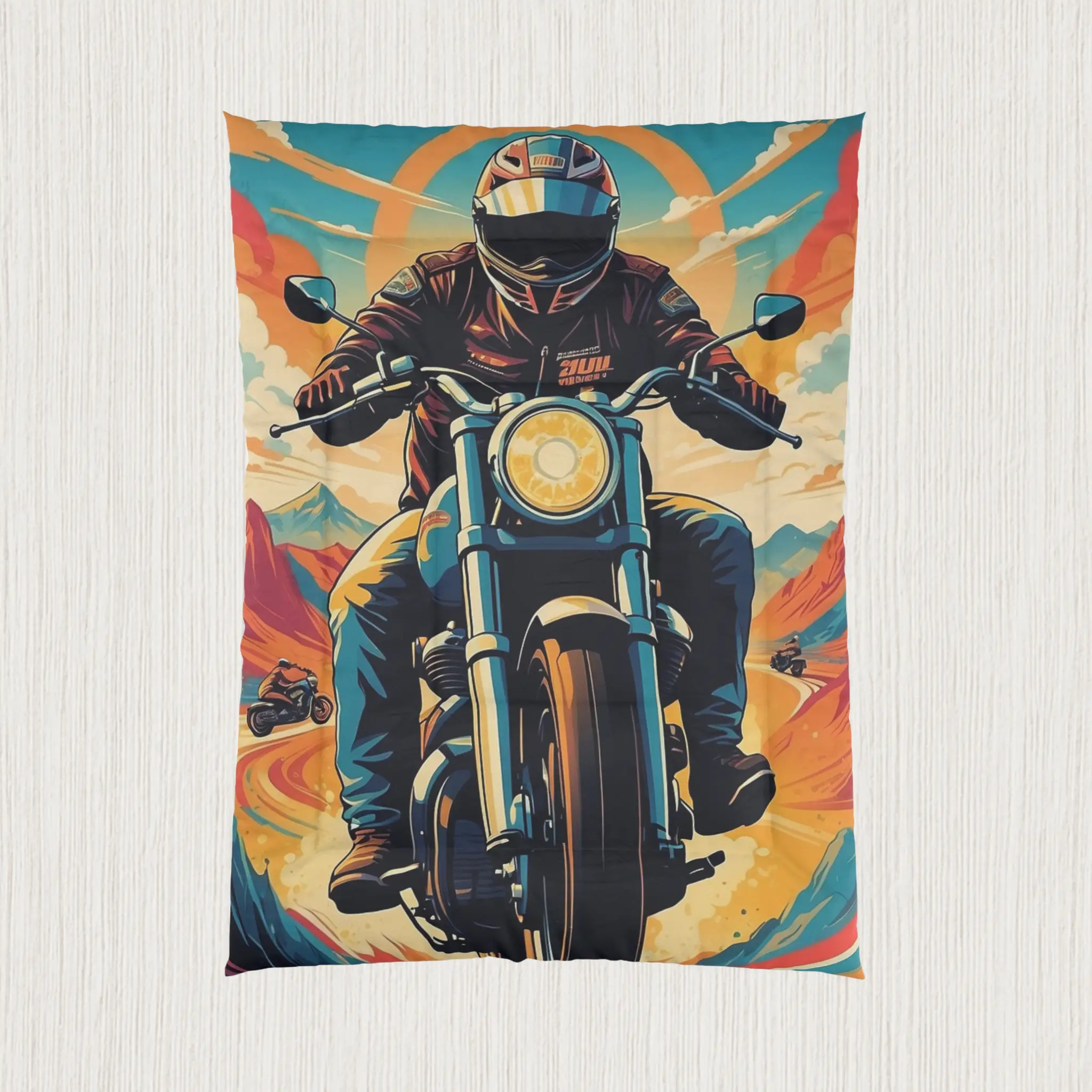 Motorcycle comforter flat view with bold, adventurous illustration Flat-lay of comforter with dynamic motorcycle graphic and vivid landscape