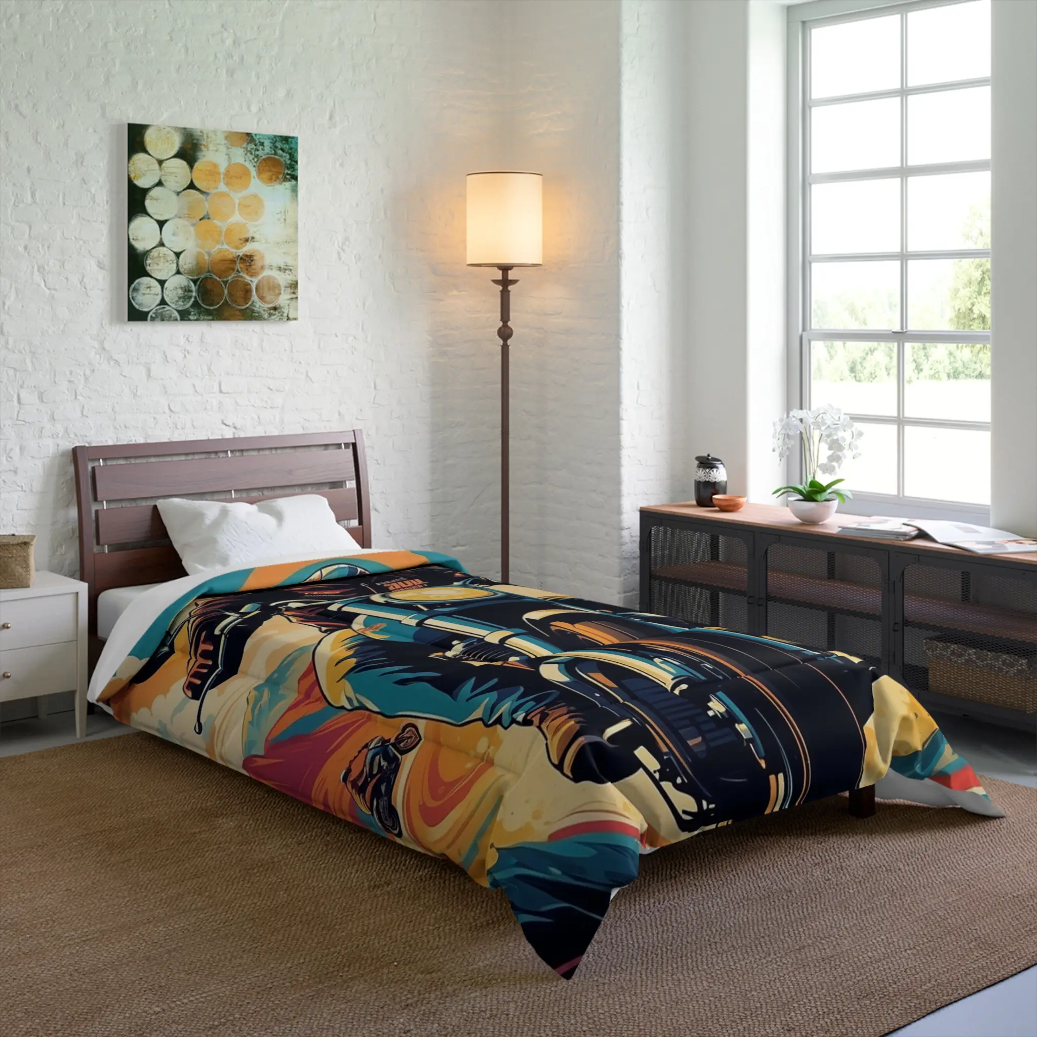 Motorcycle comforter with vibrant and energetic graphic design Comforter featuring bold motorcycle illustration with dynamic colors on a bed