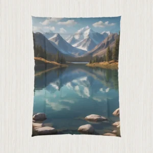 Flat-lay of comforter with panoramic mountain lake and reflection scenery