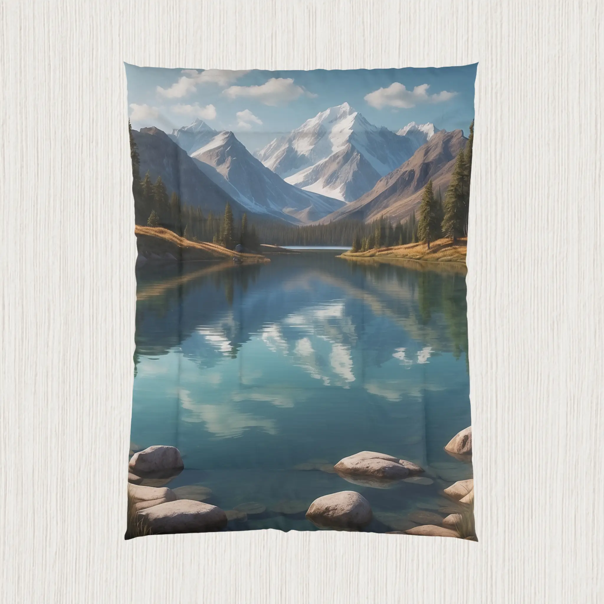 Mountain lake comforter flat view with nature-inspired design Flat-lay of comforter with panoramic mountain lake and reflection scenery