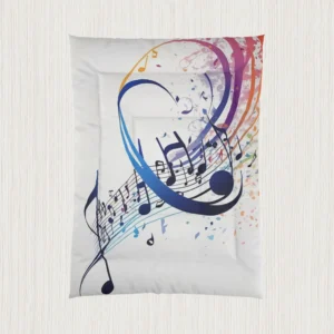 Flat-lay of comforter with abstract colorful music notes on white background