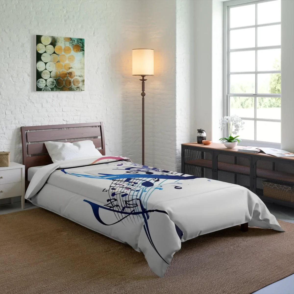 Comforter with colorful flowing music notes design on white background, displayed on bed
