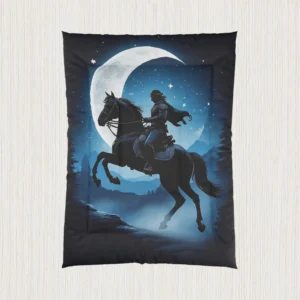 Flat-lay of comforter with fantasy illustration of a rider on a horse in a moonlit night