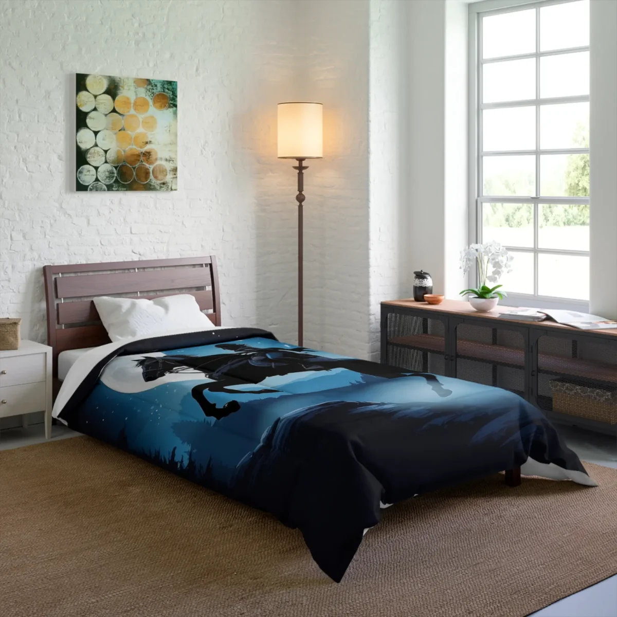 Comforter with a dark fantasy design featuring a rider on a horse under a moonlit sky, displayed on bed