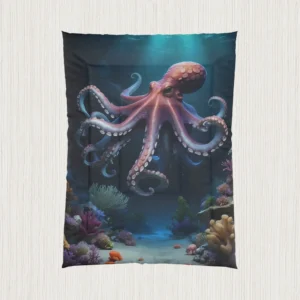 Flat-lay of comforter with octopus illustration in deep ocean scene with coral and fish