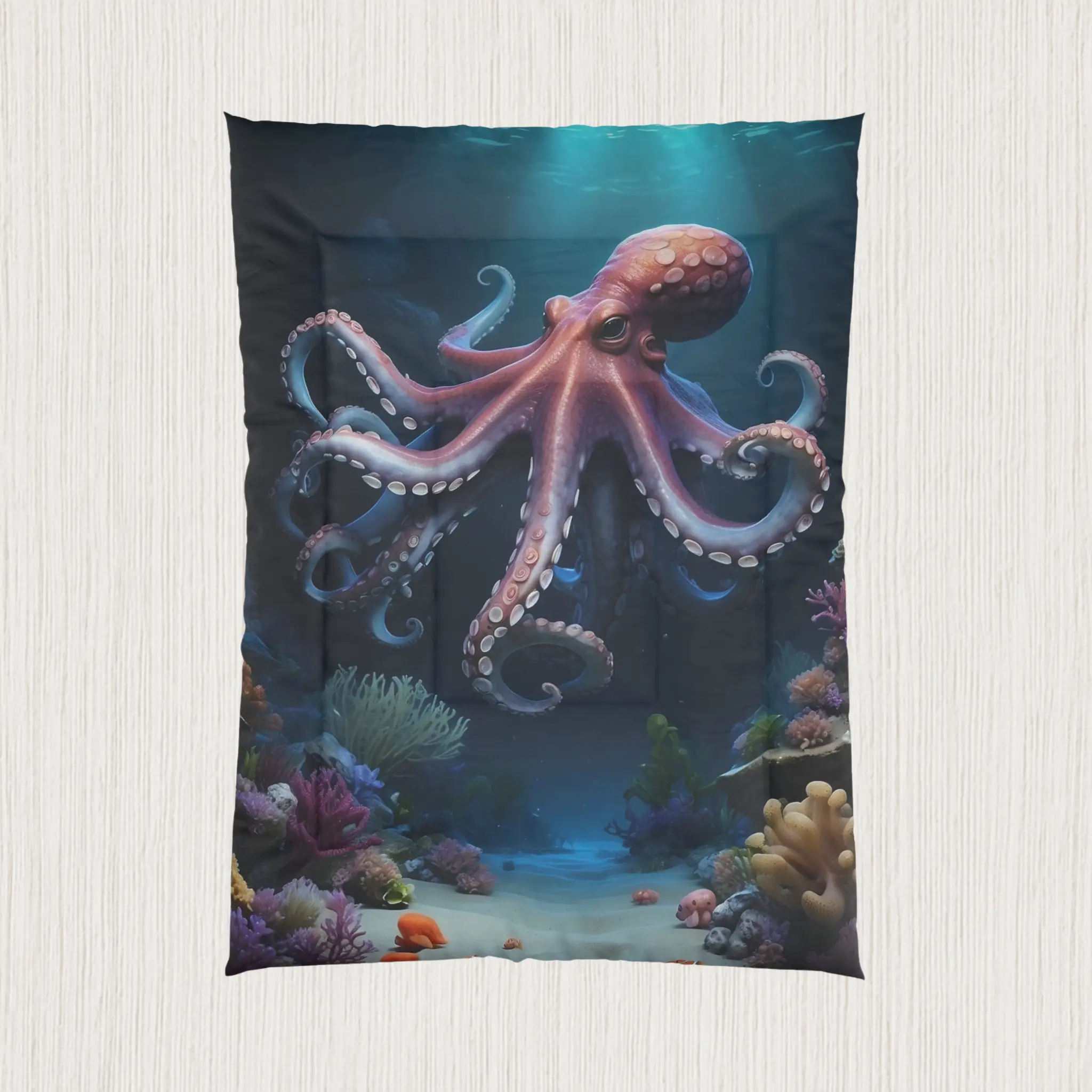 Octopus comforter flat view with underwater design and marine details Flat-lay of comforter with octopus illustration in deep ocean scene with coral and fish