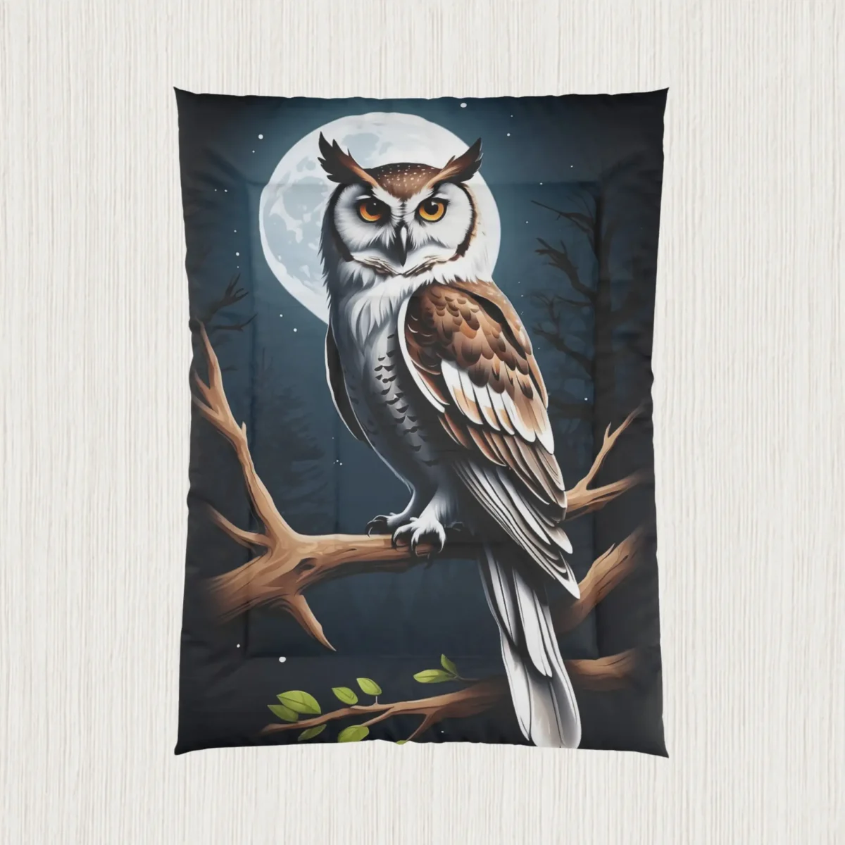 Flat-lay of comforter with a realistic owl on a tree branch in a moonlit forest scene