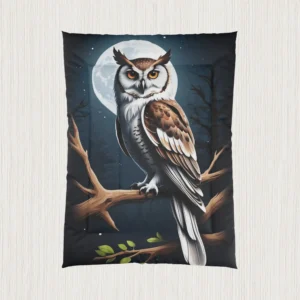 Flat-lay of comforter with a realistic owl on a tree branch in a moonlit forest scene