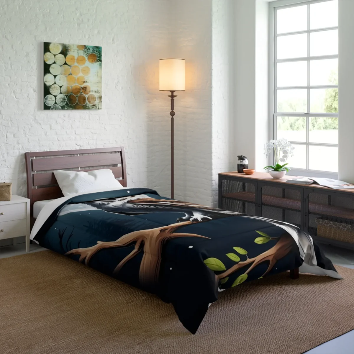 Comforter featuring a detailed owl perched on a tree branch under the moonlight, displayed on a bed