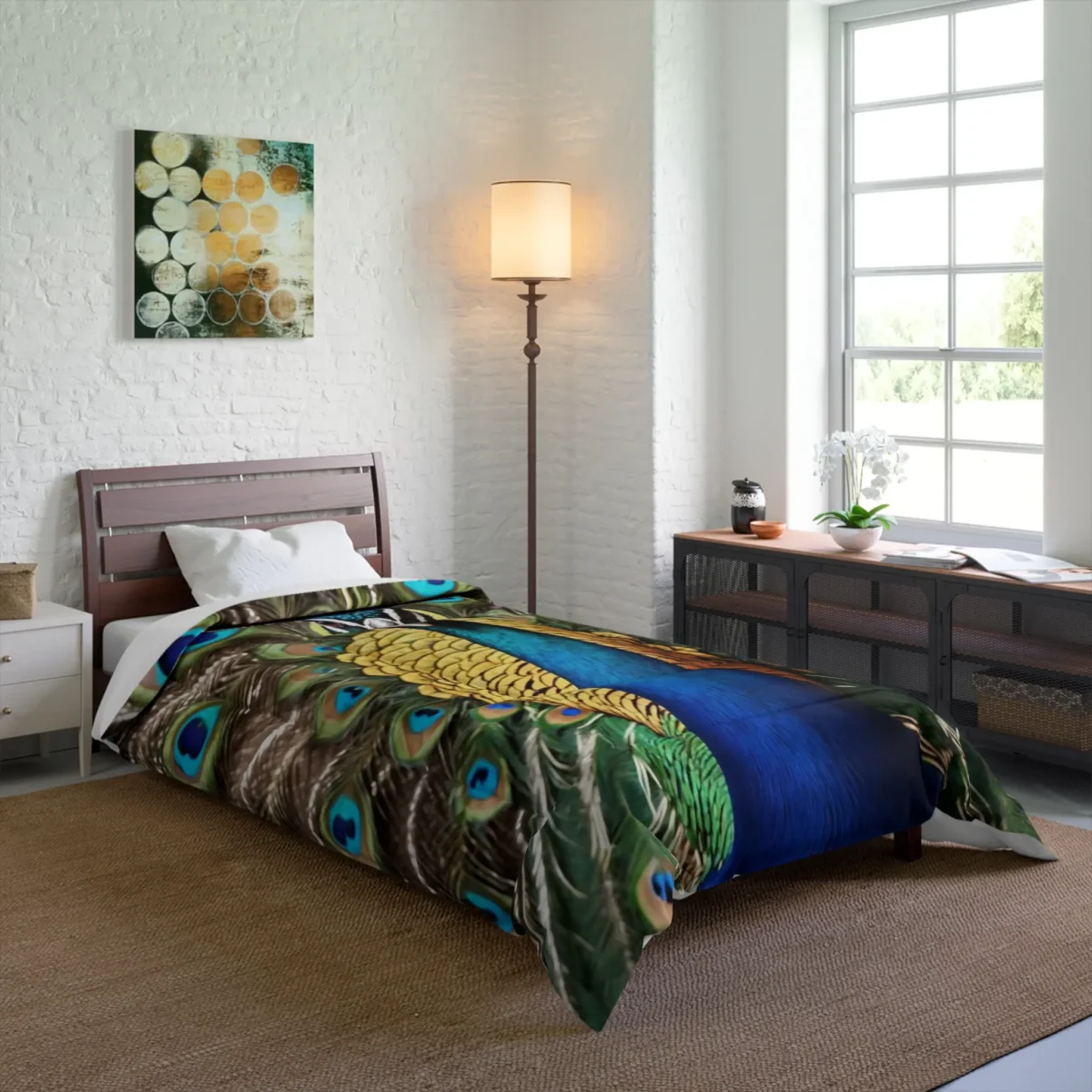 Comforter with a vibrant peacock design displayed on a single bed in a bright modern room