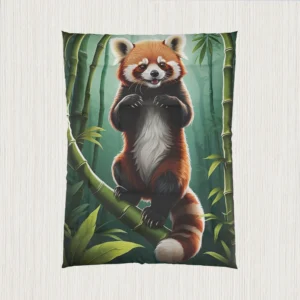 Flat view of a comforter featuring a red panda standing on a bamboo branch in a green forest