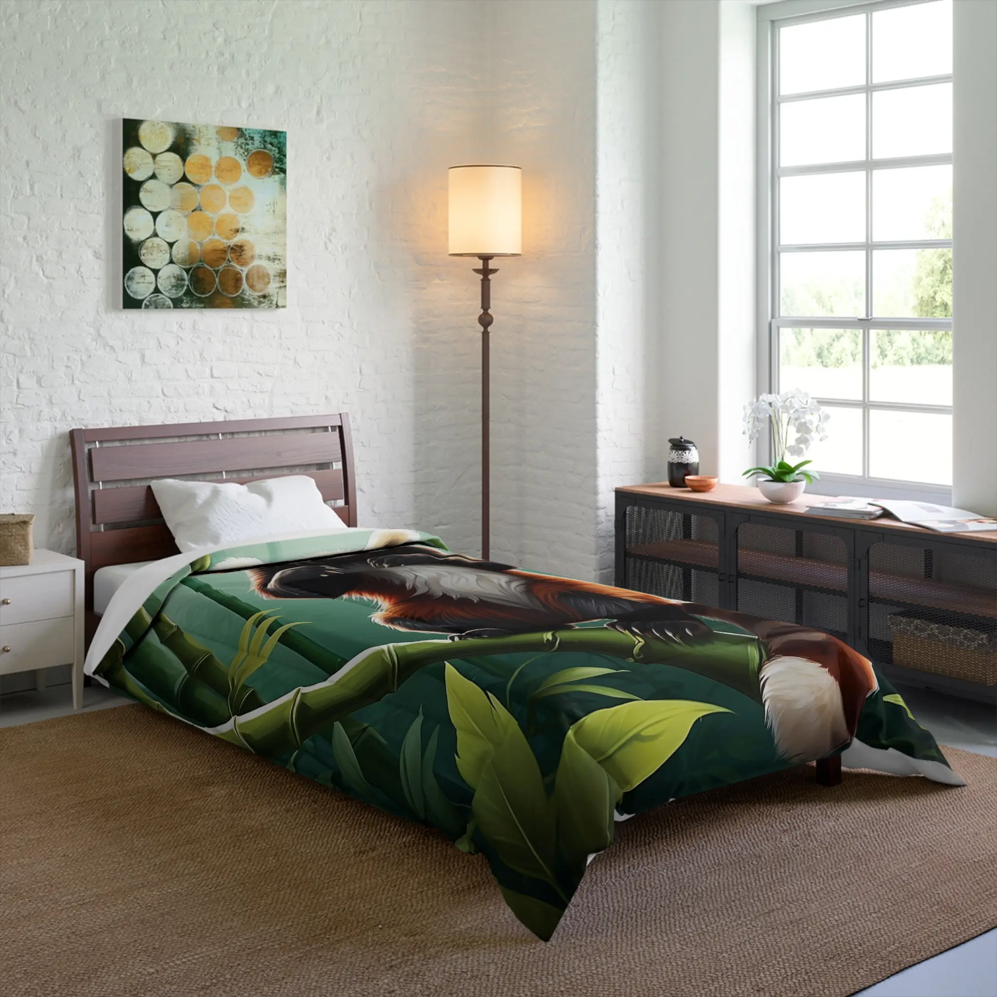 Red panda comforter with jungle-themed background Comforter with a red panda design displayed on a single bed in a bright room