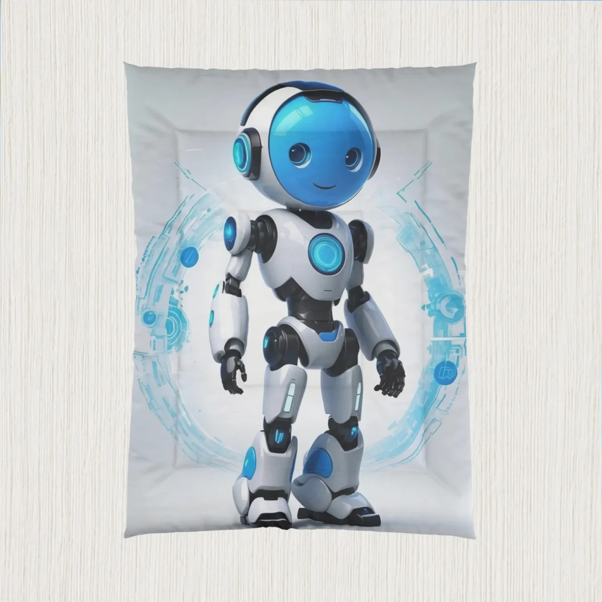 Flat view of a comforter showcasing a smiling futuristic robot with glowing blue elements