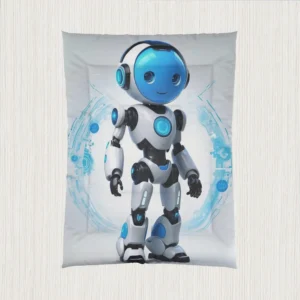 Flat view of a comforter showcasing a smiling futuristic robot with glowing blue elements