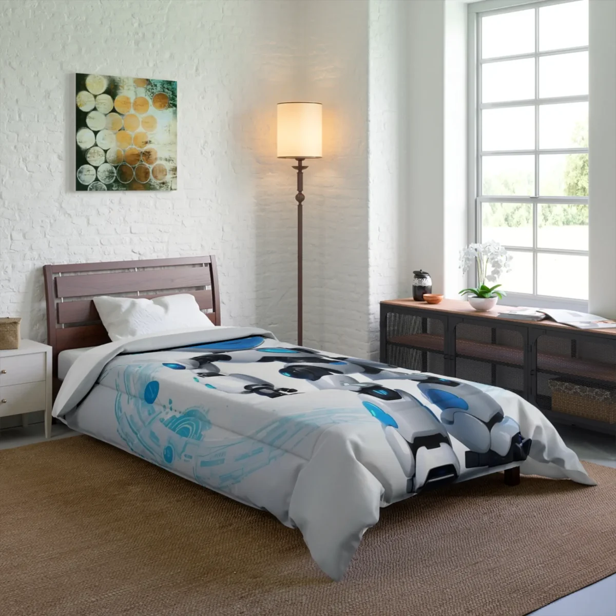 Comforter with a futuristic robot design displayed on a single bed in a modern room