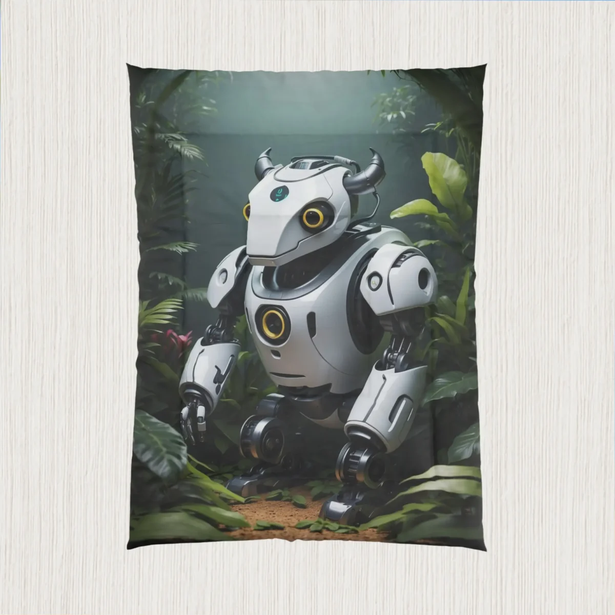 Flat view of a comforter showing a horned robotic creature in a dense green jungle
