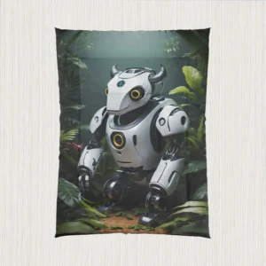 Flat view of a comforter showing a horned robotic creature in a dense green jungle