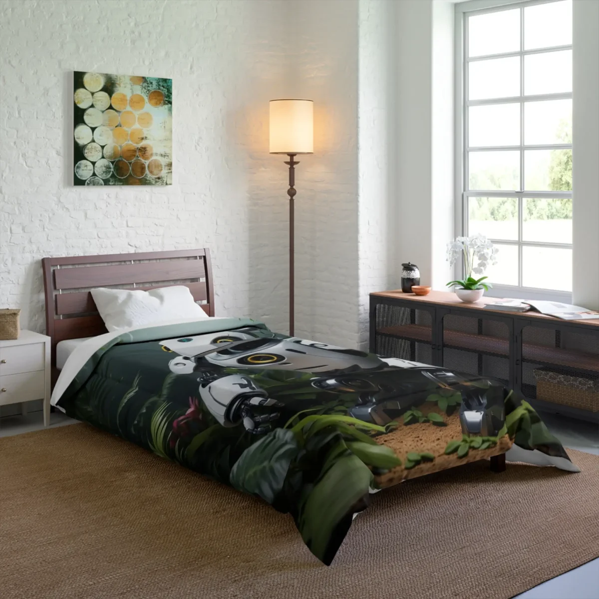 Comforter featuring a robotic animal design with yellow eyes, displayed on a single bed in a modern room