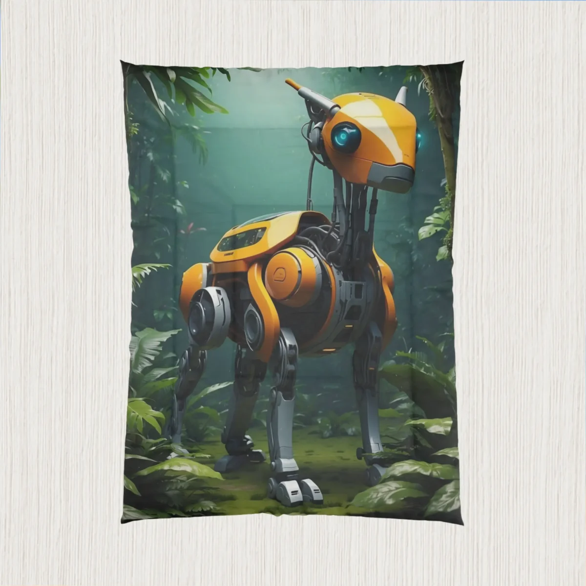 Flat view of a comforter showing a futuristic yellow robotic animal in a jungle environment