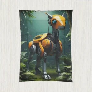 Flat view of a comforter showing a futuristic yellow robotic animal in a jungle environment