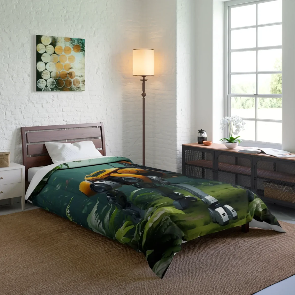 Comforter with a yellow robotic animal design, displayed on a single bed in a bright modern room