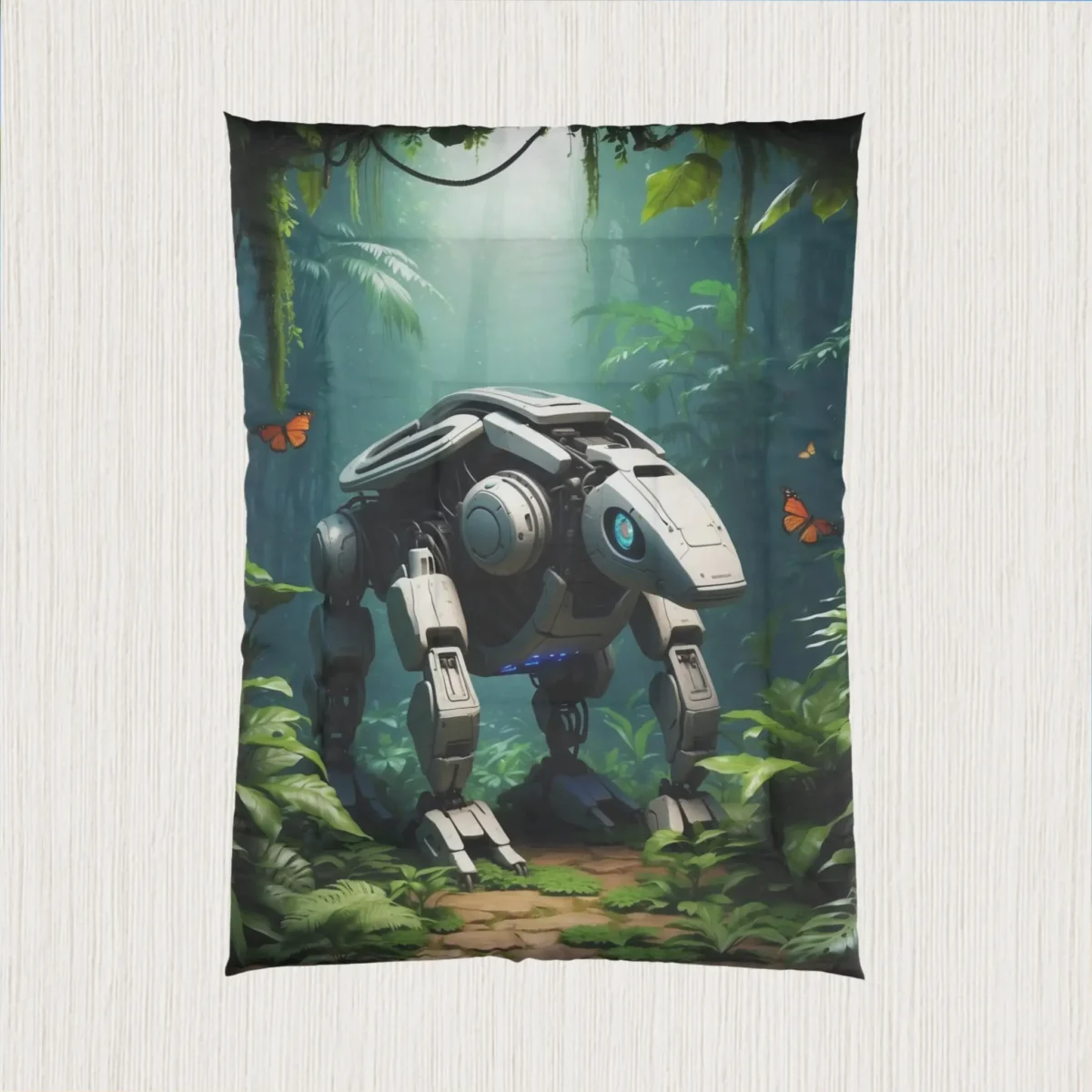Flat view of a comforter showing a futuristic grey robotic animal in a forest with butterflies