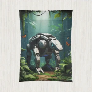 Flat view of a comforter showing a futuristic grey robotic animal in a forest with butterflies