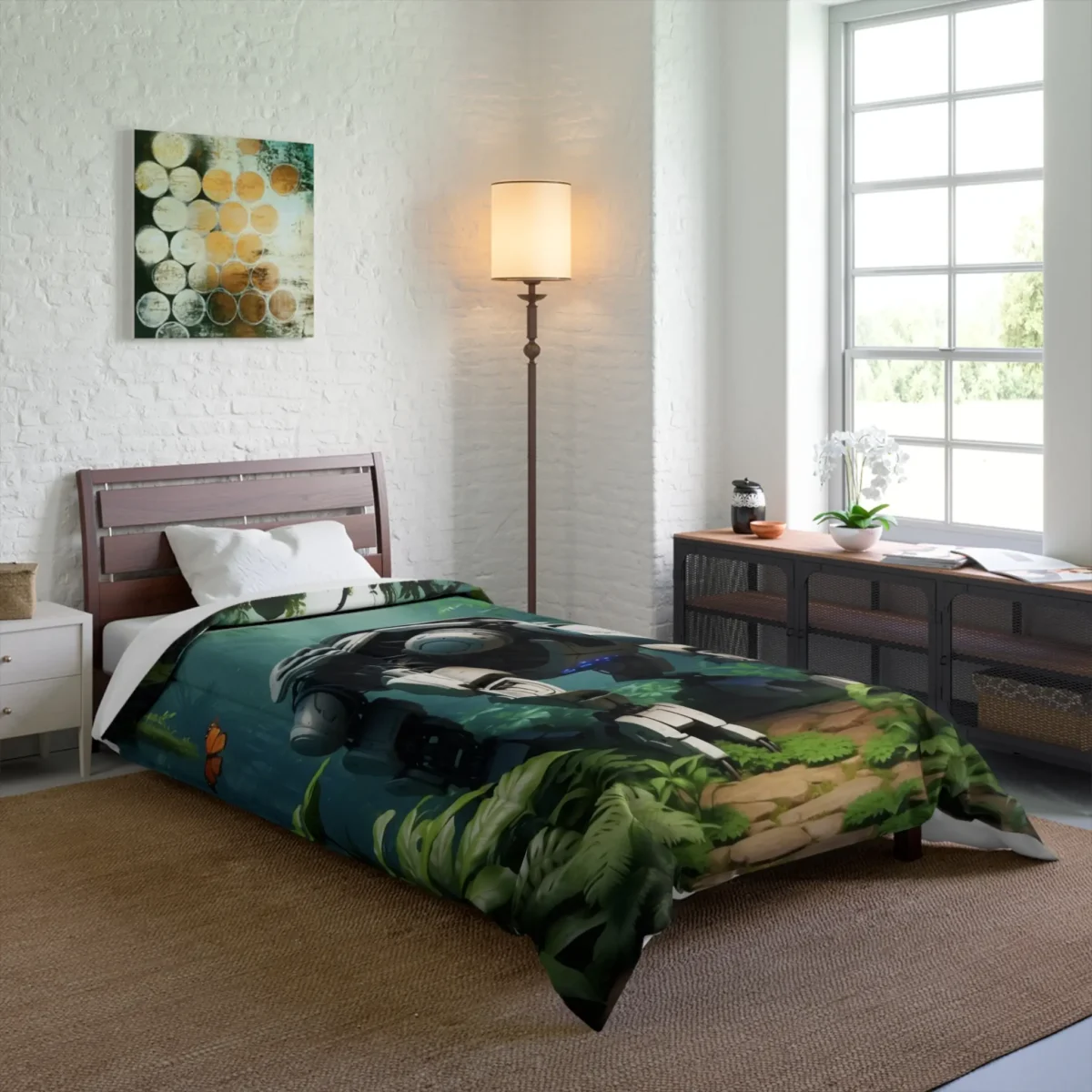 Comforter featuring a grey robotic animal in a jungle scene with butterflies, displayed on a single bed