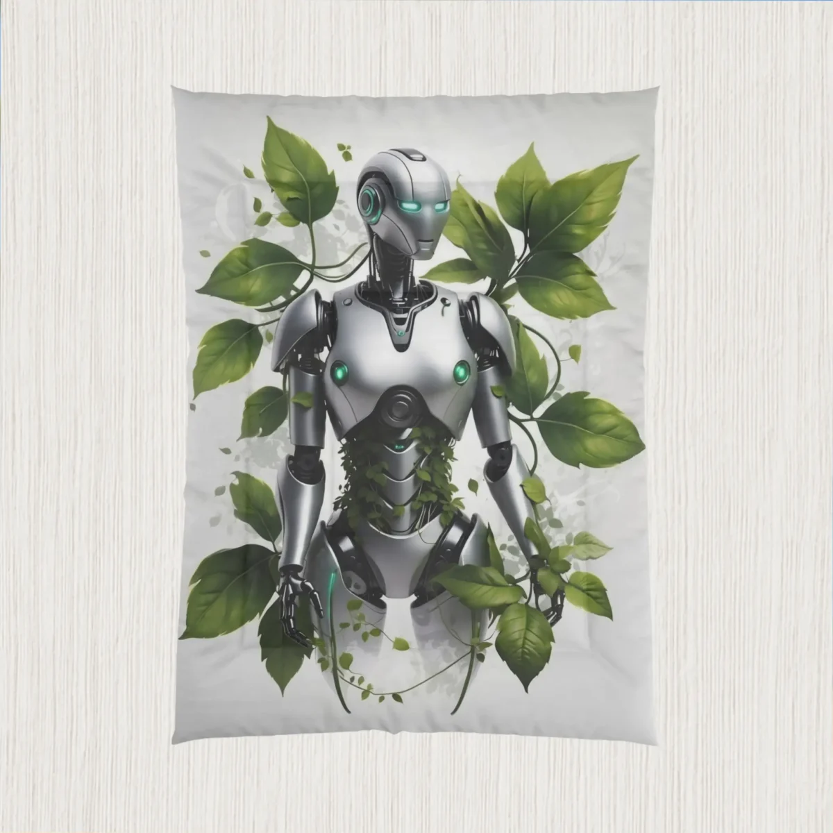 Flat view of a comforter showing a silver humanoid robot surrounded by green leaves and vines