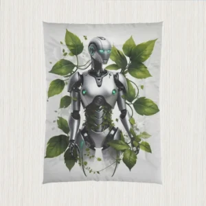 Flat view of a comforter showing a silver humanoid robot surrounded by green leaves and vines