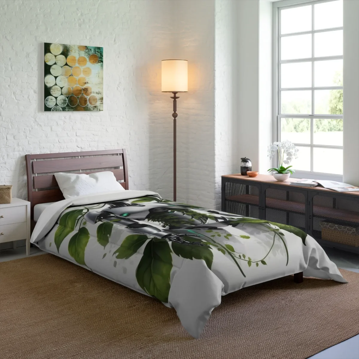 Comforter featuring a futuristic humanoid robot intertwined with green leaves, displayed on a single bed