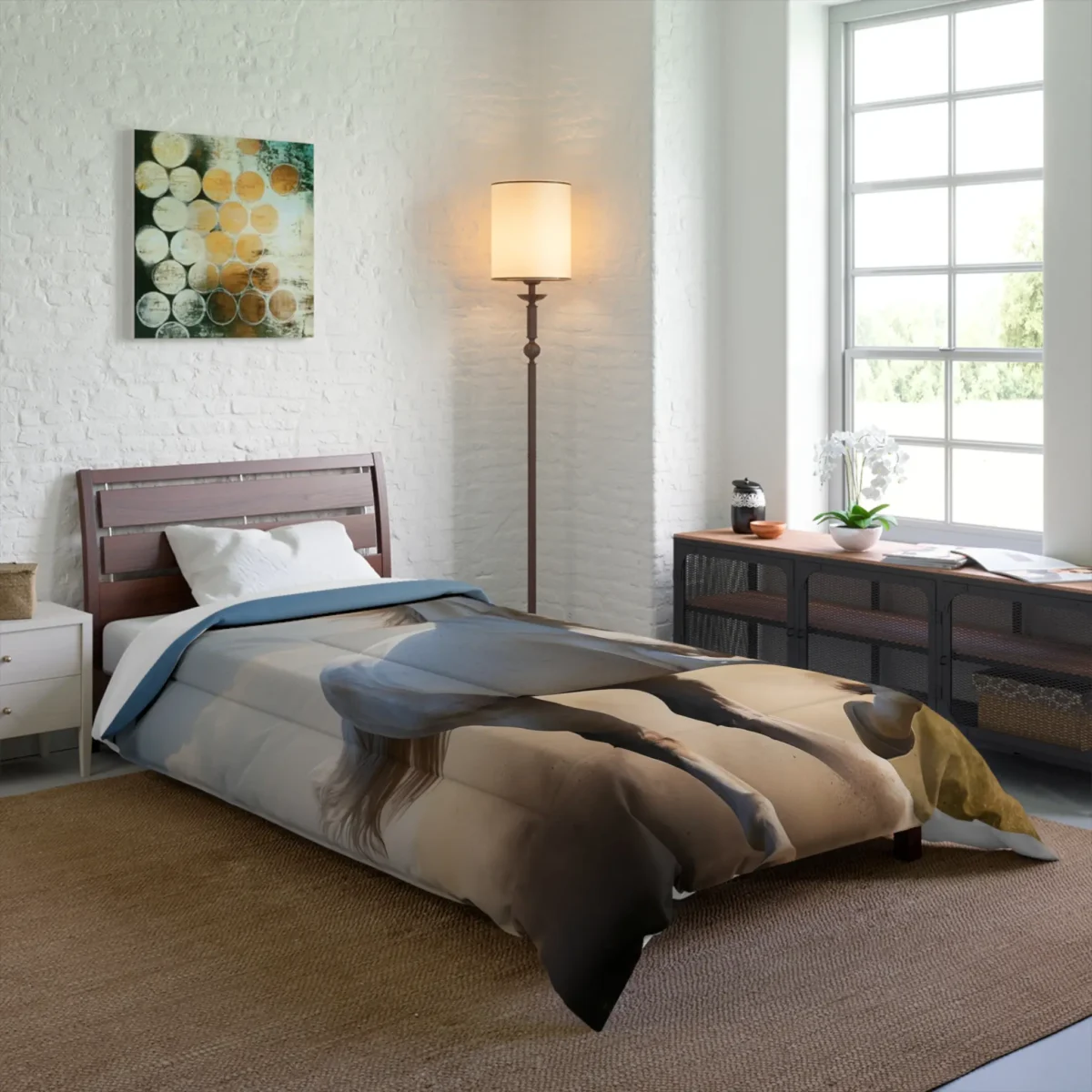 Comforter featuring a dynamic image of a white horse galloping on a bed in a bright room