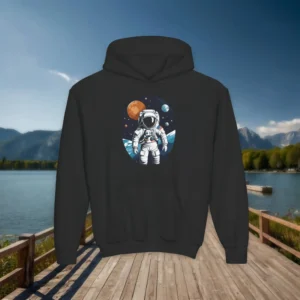 Black youth hoodie with an illustrated astronaut and planets in a deep space scene