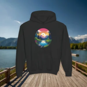 Black youth hoodie with a colorful illustrated mountain and river landscape at sunset