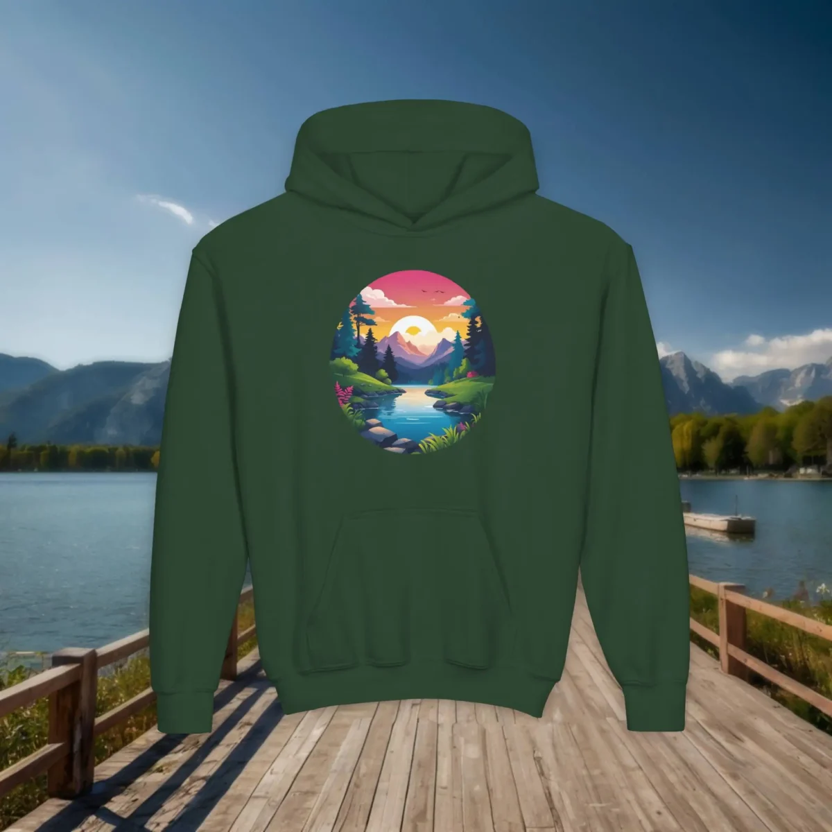 Forest green youth hoodie featuring a colorful nature landscape with river, mountains, and sunset